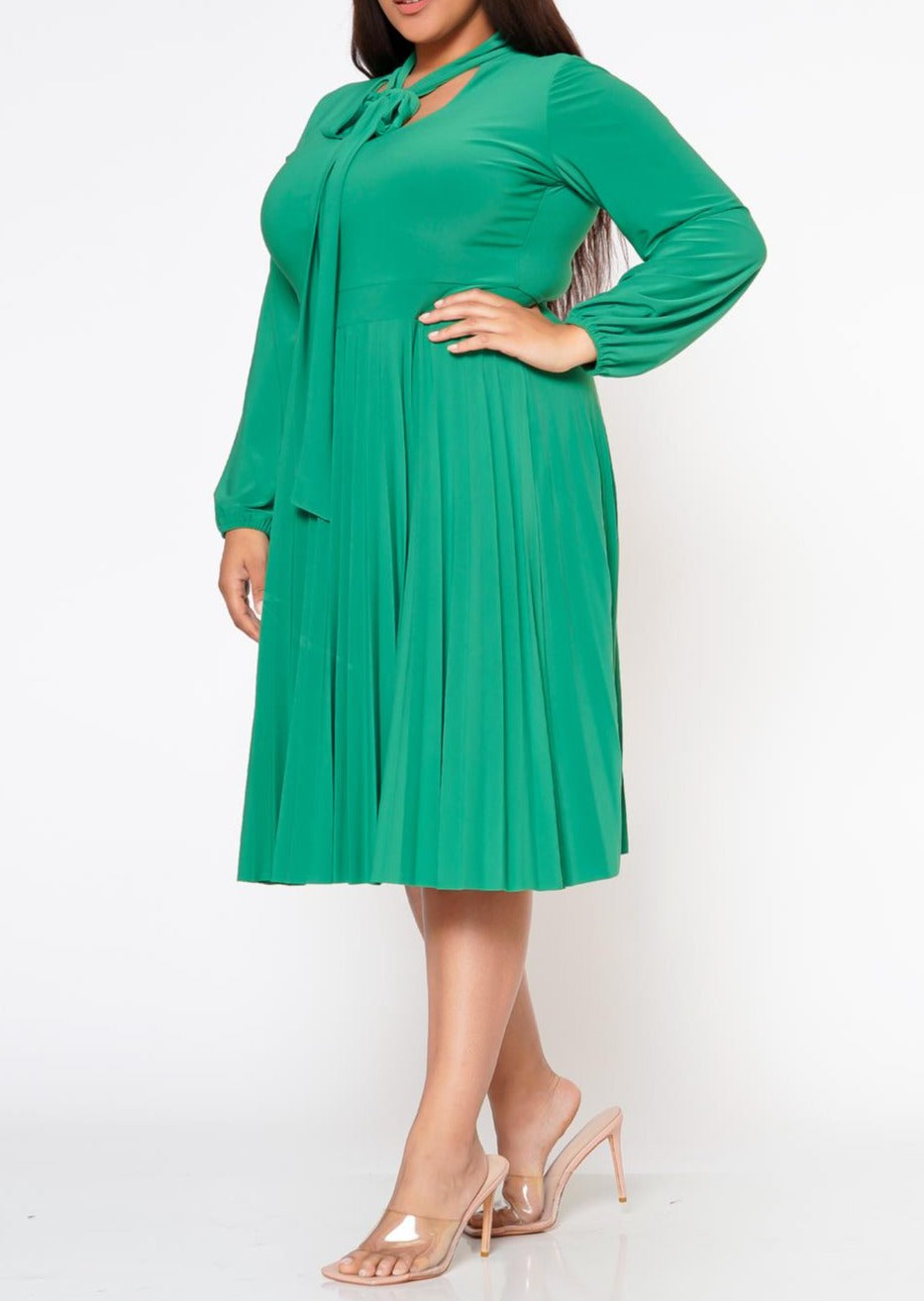 Hi Curvy Plus Size Bow Collar Pleated Fit & Flare Dress