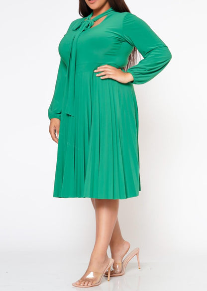 Hi Curvy Plus Size Bow Collar Pleated Fit & Flare Dress