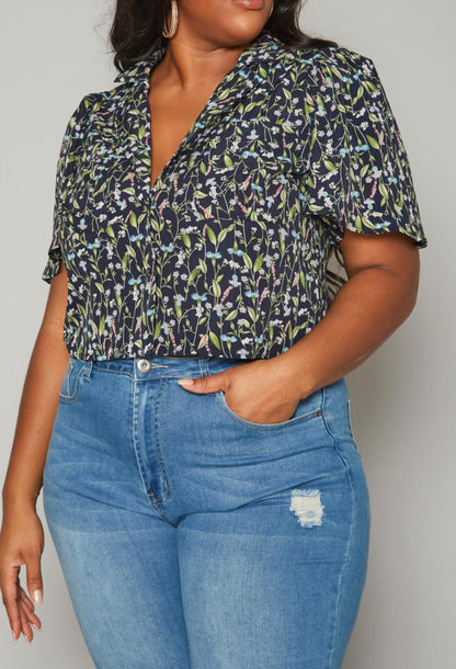 Hi Curvy Plus Size Women Floral Pattern Collar Neck Shirt