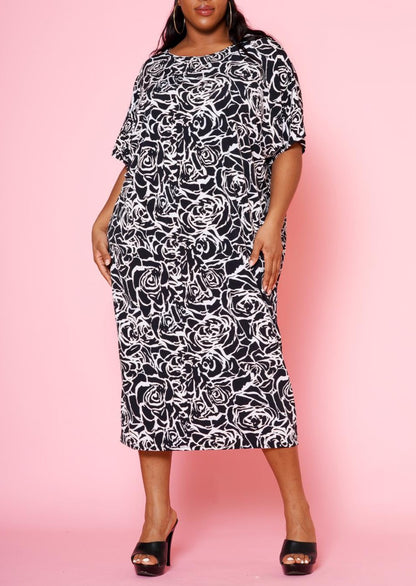 Hi Curvy Plus Size Women Rose Bloom Print Midi Dress