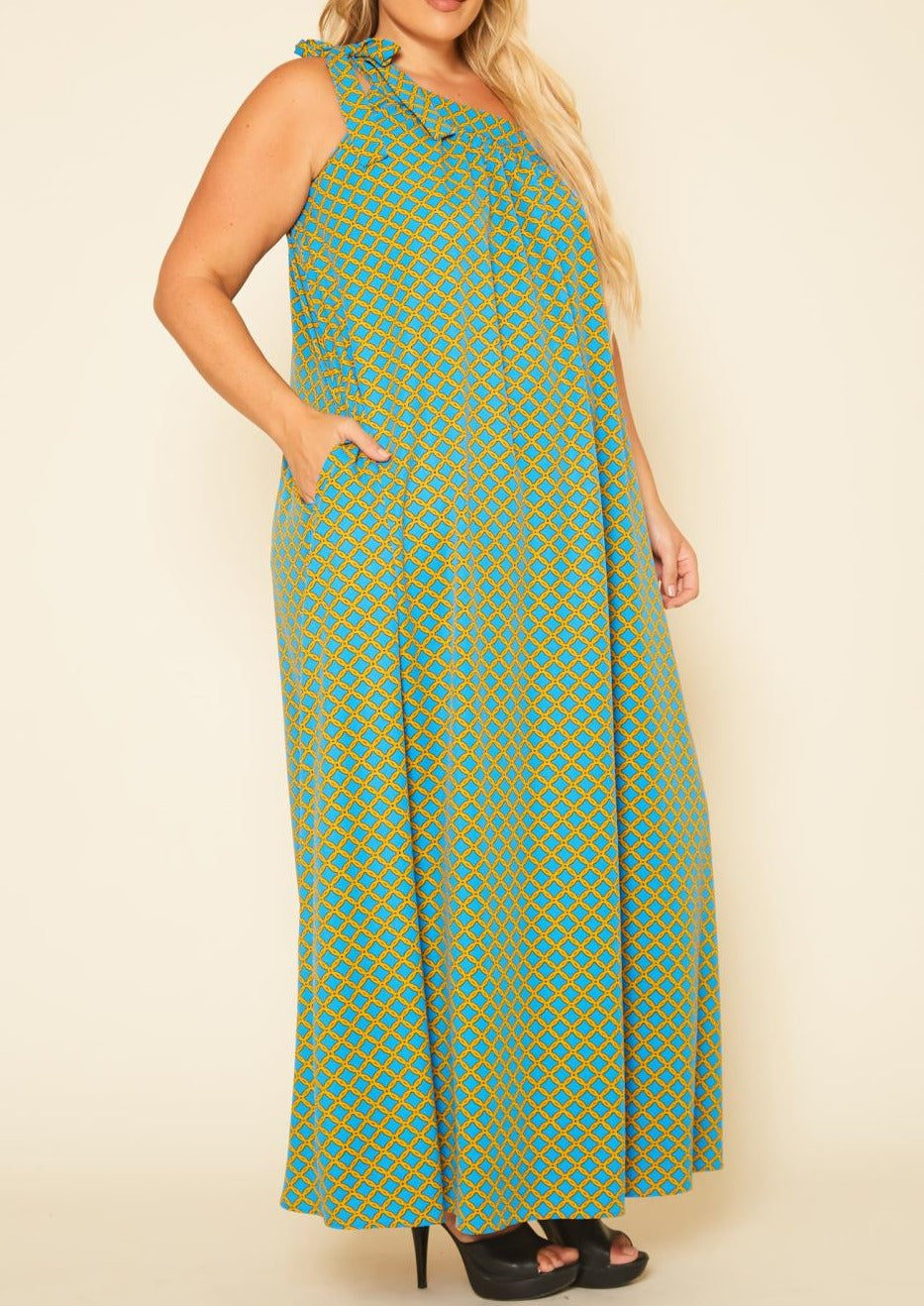 Hi Curvy Plus Size Women One Shoulder Greek Maxi Dress Made In USA