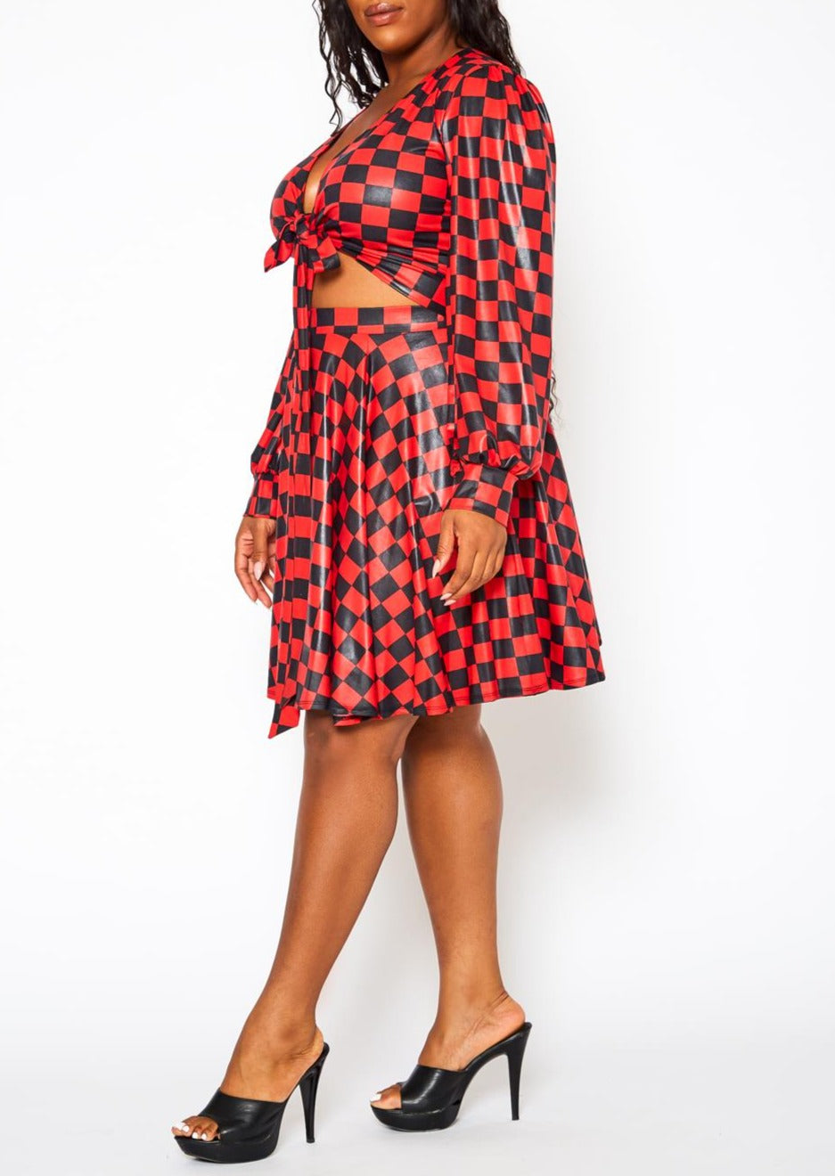Hi Curvy Plus Size Checkered Print Wrap Top &amp; Pleated Skirt Set