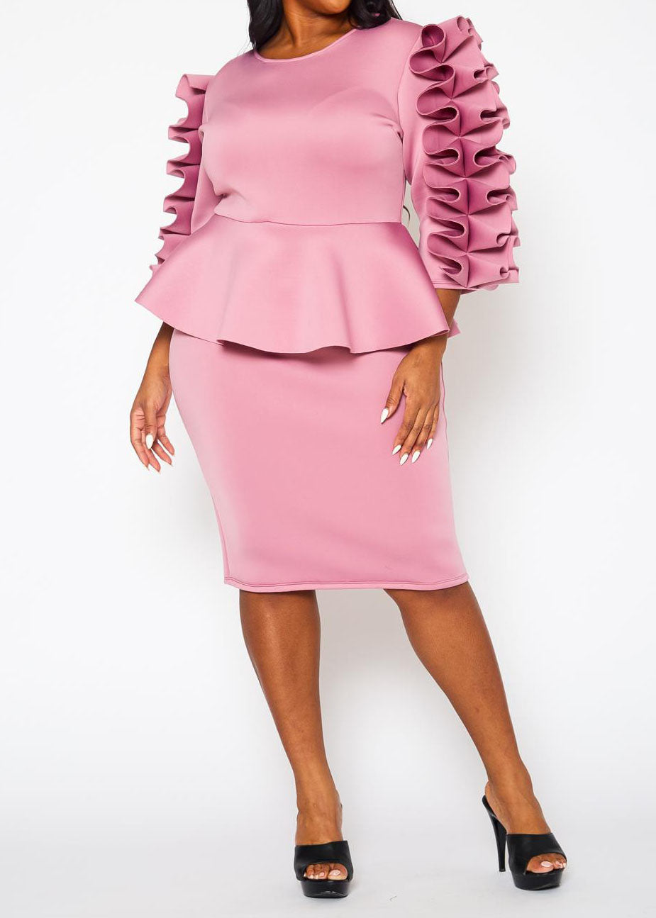 HI Curvy Plus Size Women Ruffle Hem Peplum Midi Dress made in USA