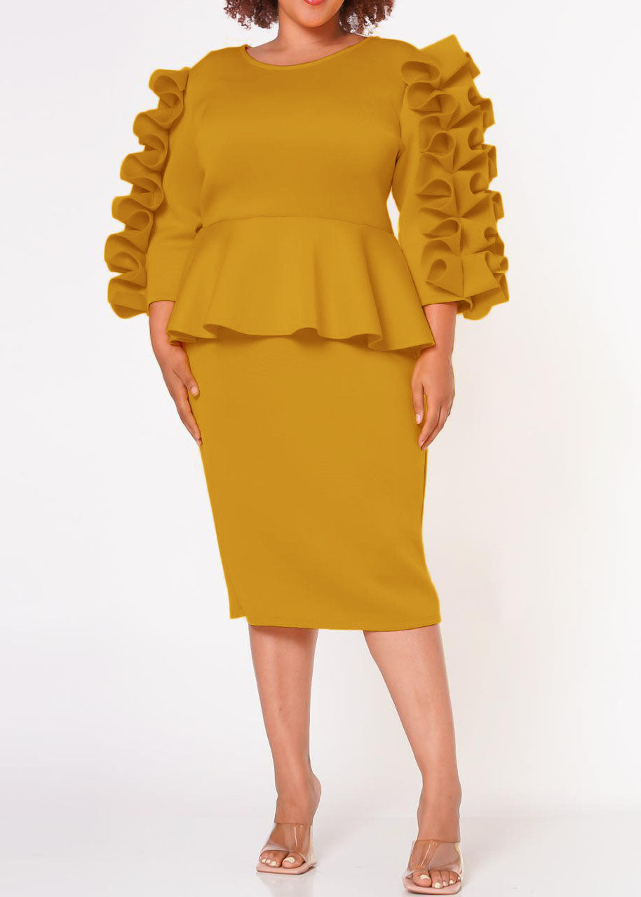 HI Curvy Plus Size Women Ruffle Hem Peplum Midi Dress made in USA