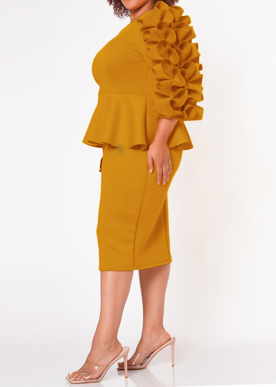 HI Curvy Plus Size Women Ruffle Hem Peplum Midi Dress