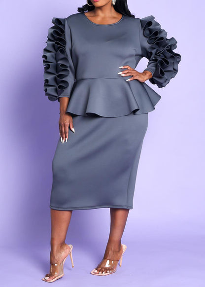 HI Curvy Plus Size Women Ruffle Hem Peplum Midi Dress made in USA