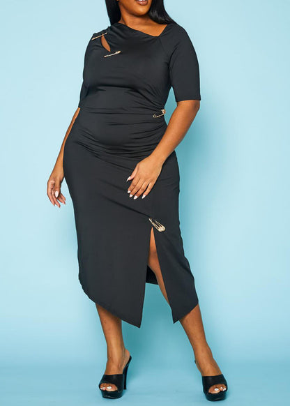 HI CURVY Plus Size Safety Pin Front Slit Bodycon Dresses