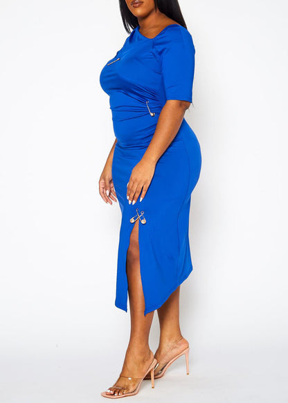 HI CURVY Plus Size Safety Pin Front Slit Bodycon Dresses