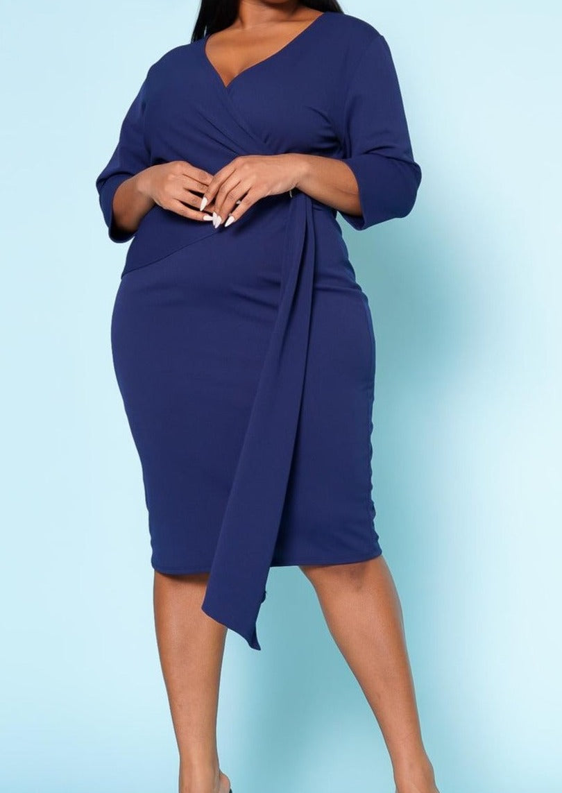 plus size draped midi dress HI Curvy Plus Size Women V Neck Overlay Drape Midi Dress