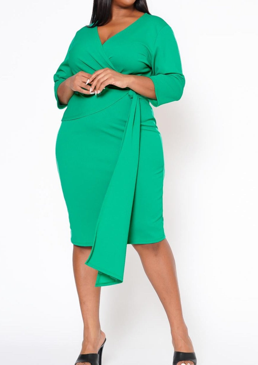draped midi dress plus size HI Curvy Plus Size Women V Neck Overlay Drape Midi Dress