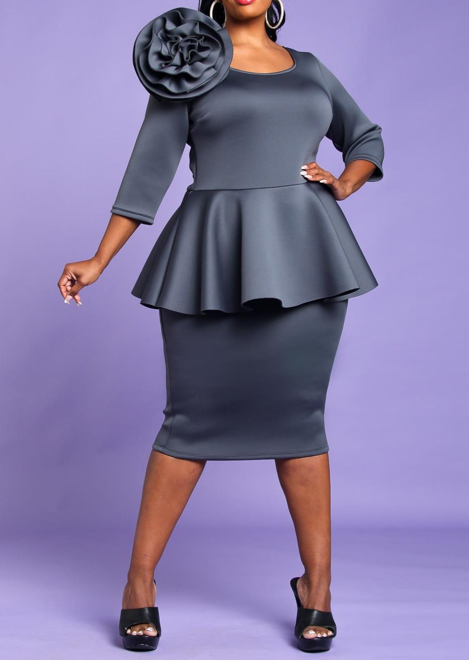 plus size peplum dress Hi Curvy Plus Size Blossomed Floral Ascent Peplum Dress Made In USA