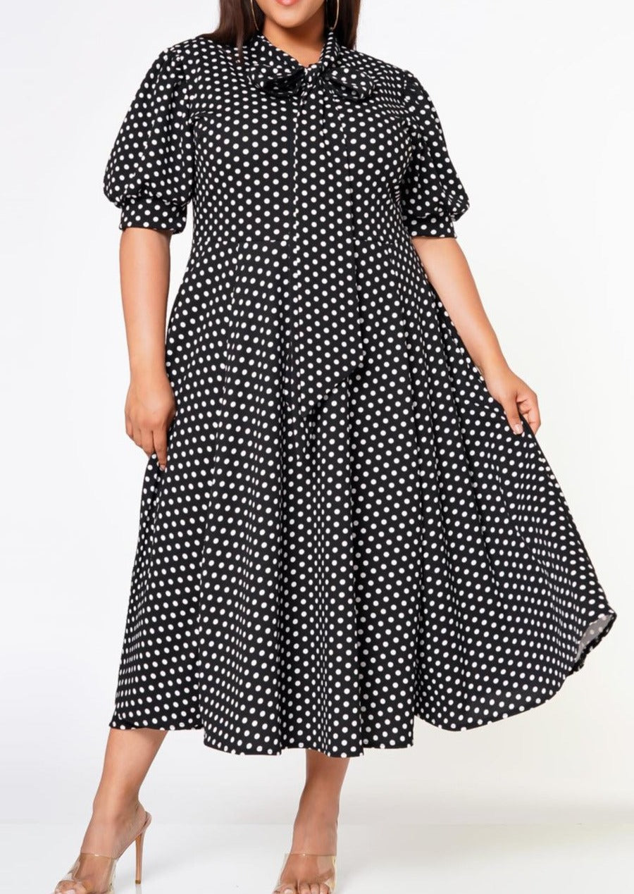 HI Curvy Plus Size Women Polka Dot Print Bow Collar Flare Dress Made in USA