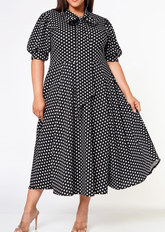 HI Curvy Plus Size Women Polka Dot Print Bow Collar Flare Dress Made in USA