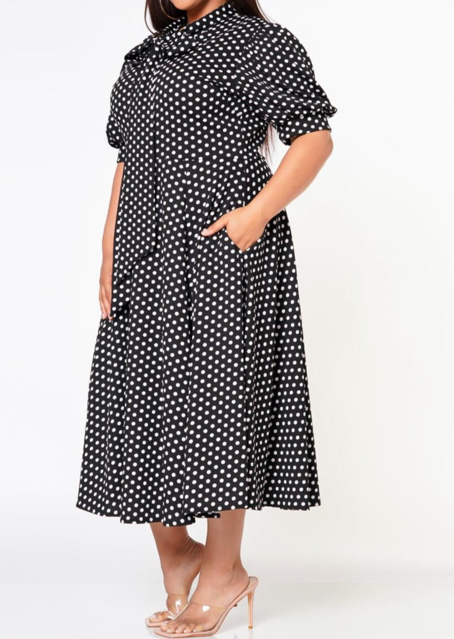 HI Curvy Plus Size Women Polka Dot Print Bow Collar Flare Dress Made in USA