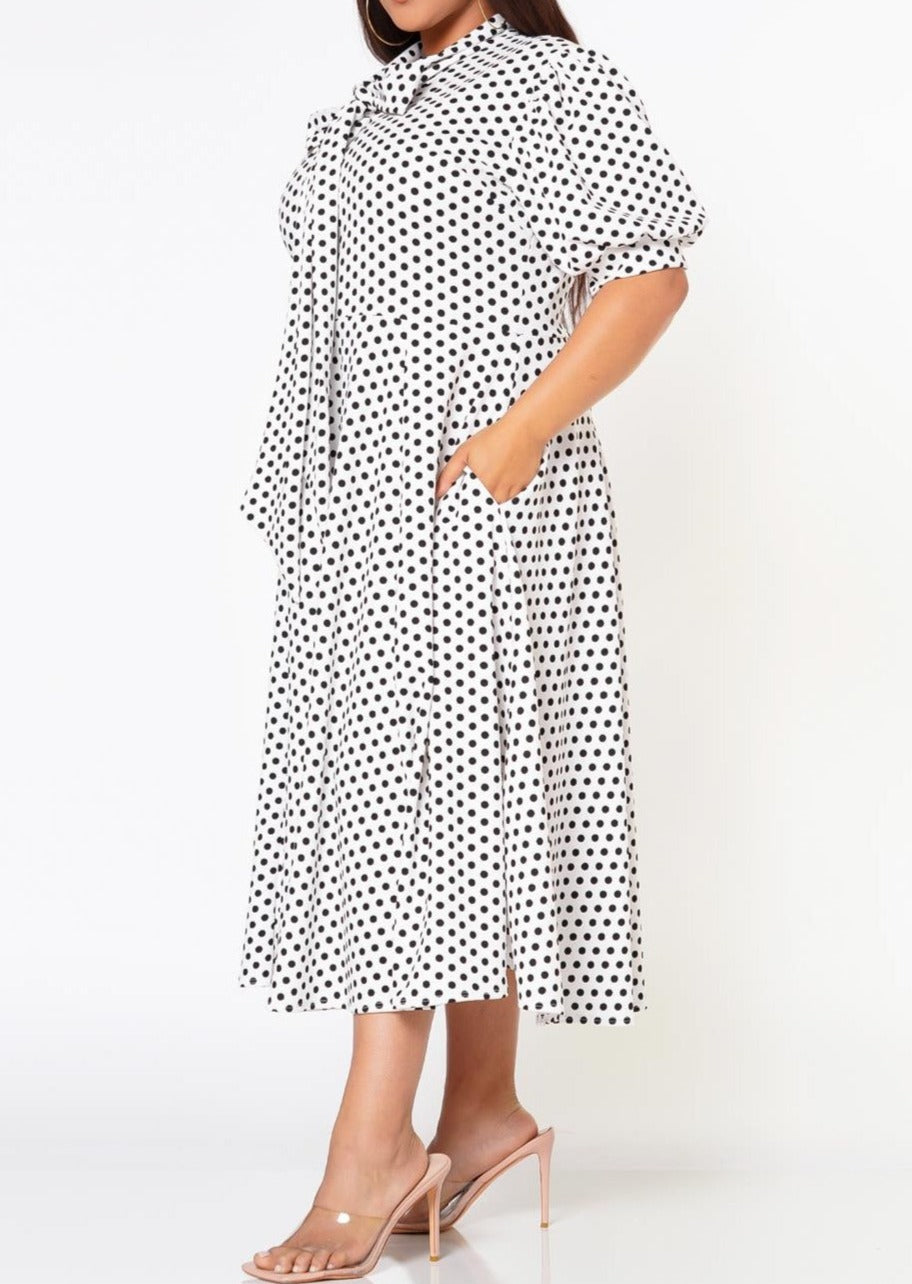 HI Curvy Plus Size Women Polka Dot Print Bow Collar Flare Dress Made in USA