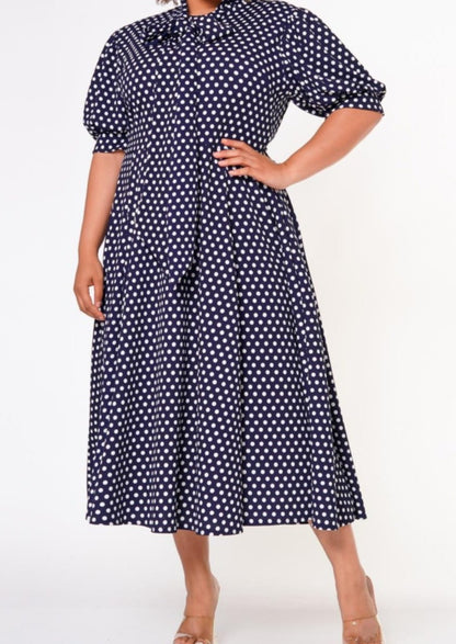 HI Curvy Plus Size Women Polka Dot Print Bow Collar Flare Dress Made in USA