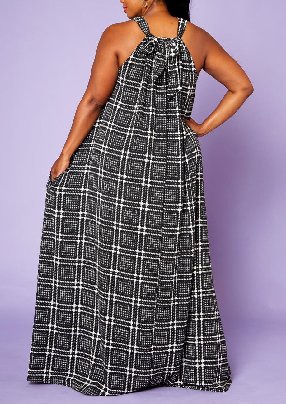Hi Curvy Plus Size Black Square Flare Maxi Dress with Pockets