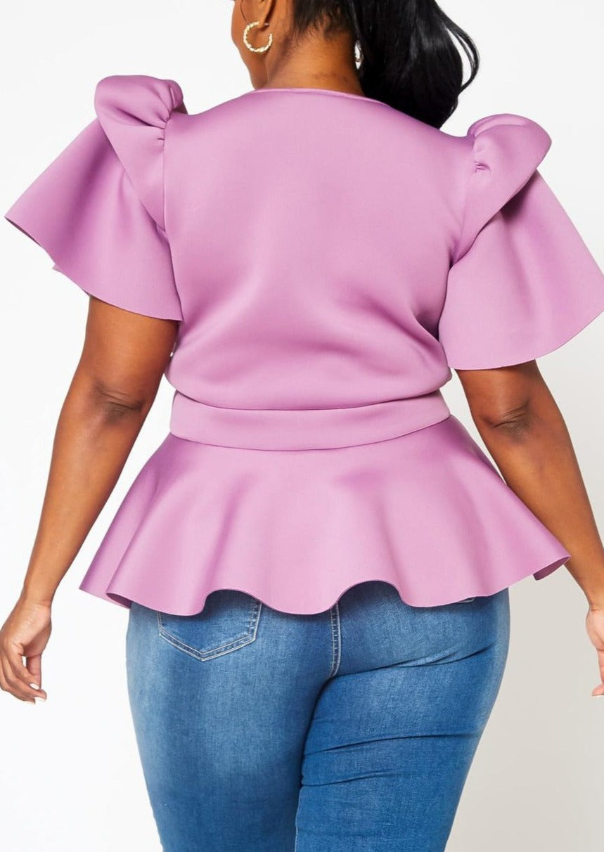 HI Curvy Plus Size Women Tie Front Ruffle Peplum Blouse