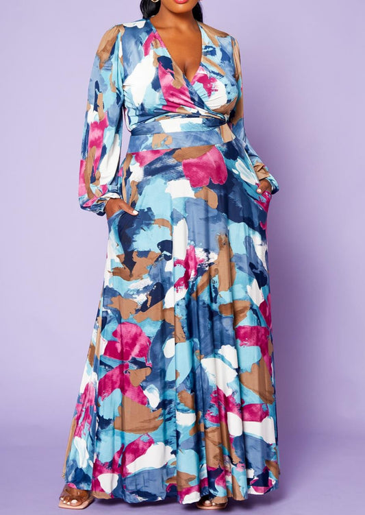 HI Curvy Plus Size Women Watermark Print Blouse and Maxi Skirt Set