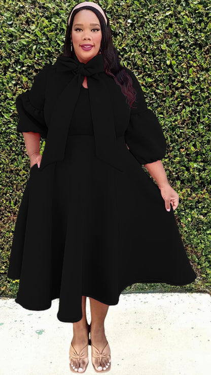 Plus Size 3/4 Bishop Sleeves Big Bow Neck Flare Midi Dress