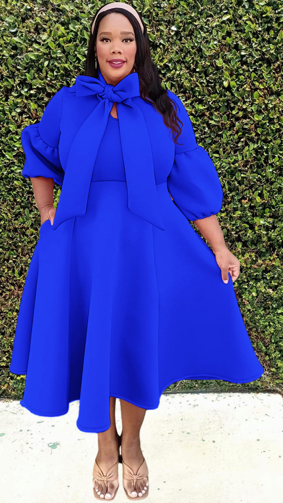 Plus Size 3/4 Bishop Sleeves Big Bow Neck Flare Midi Dress