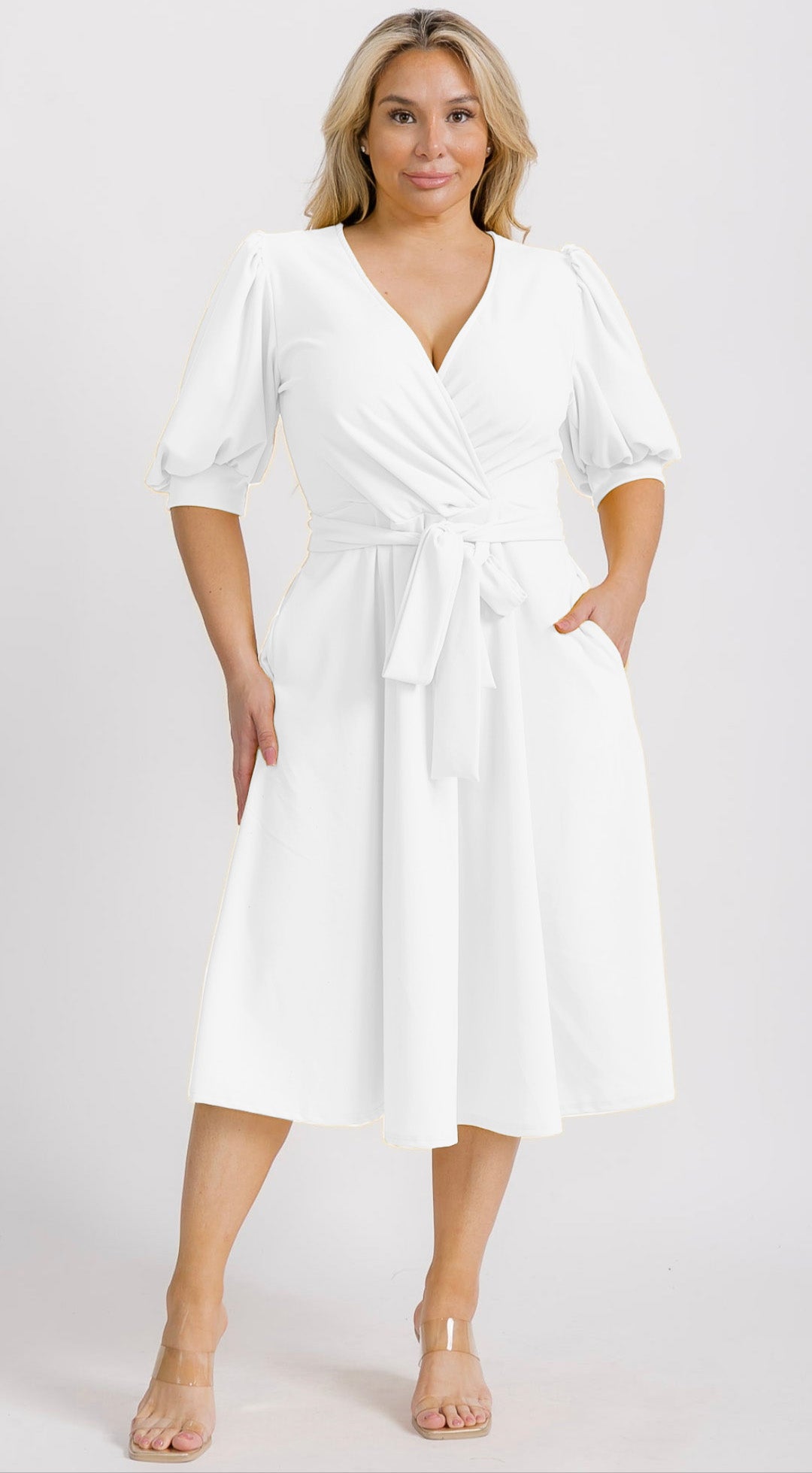 Hi Curvy  Plus Size Women Wrap Midi Dresses with Pockets and belt