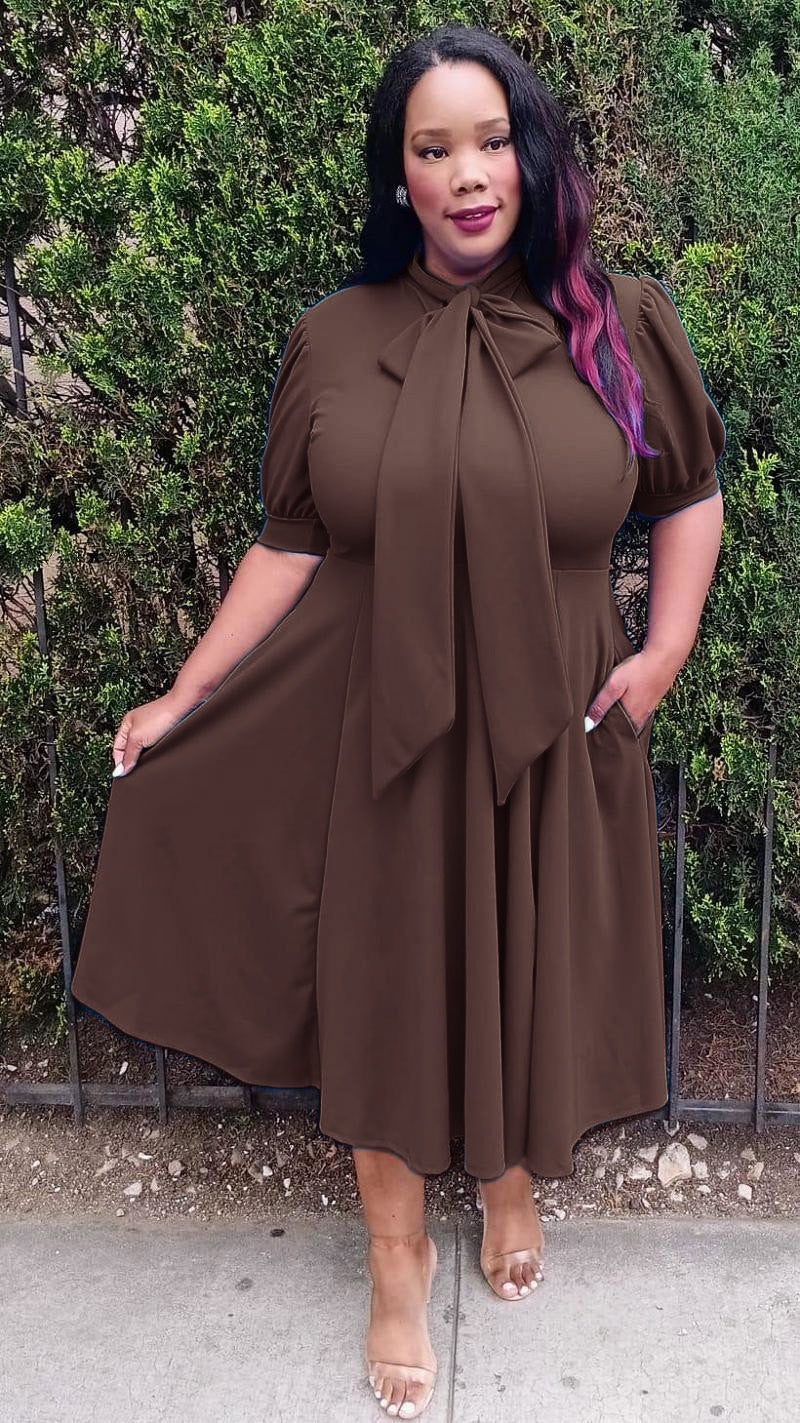 Hi Curvy Plus Size Women Bow Collar Fit & Flare Midi Dress
