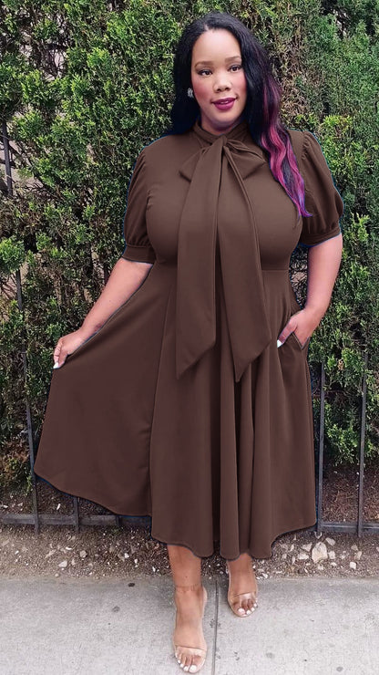 Hi Curvy Plus Size Women Bow Collar Fit & Flare Midi Dress
