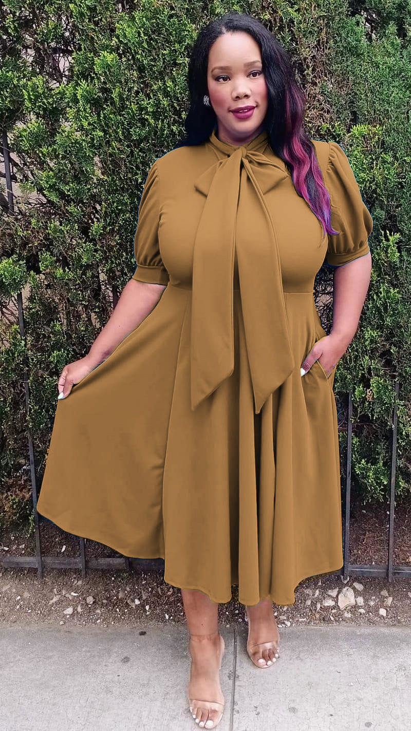 Hi Curvy Plus Size Women Bow Collar Fit & Flare Midi Dress