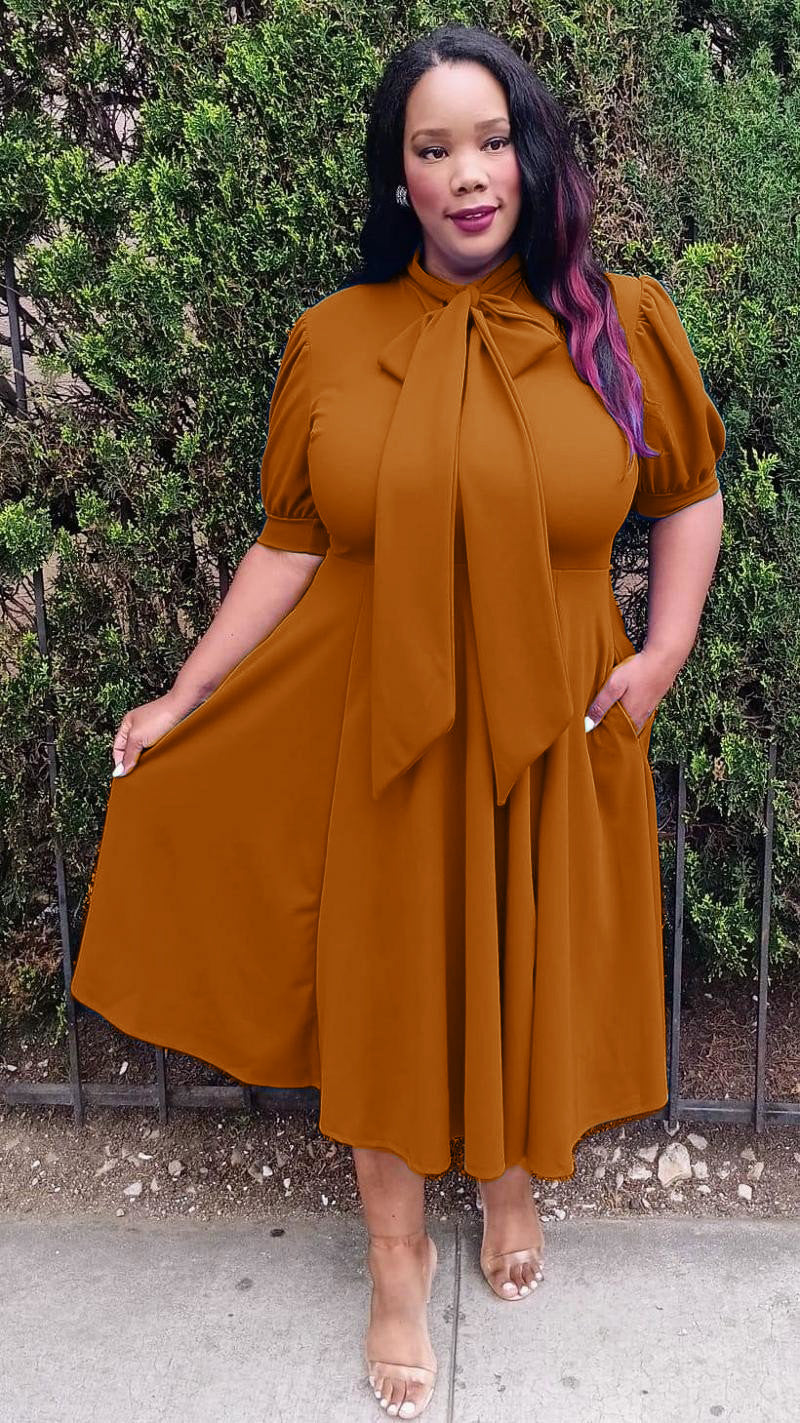 Plus Size Bow Collar Fit & Flare Midi Dress made in USA