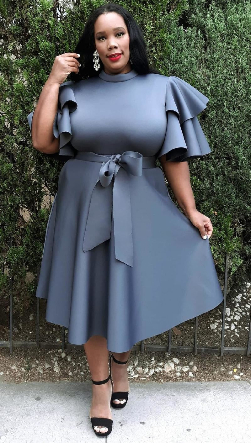 Plus Size Extravagant Fit and Flare Midi Dress With Belt