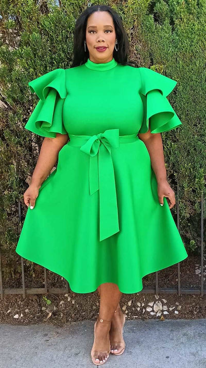 Plus Size Extravagant Fit and Flare Midi Dress With Belt