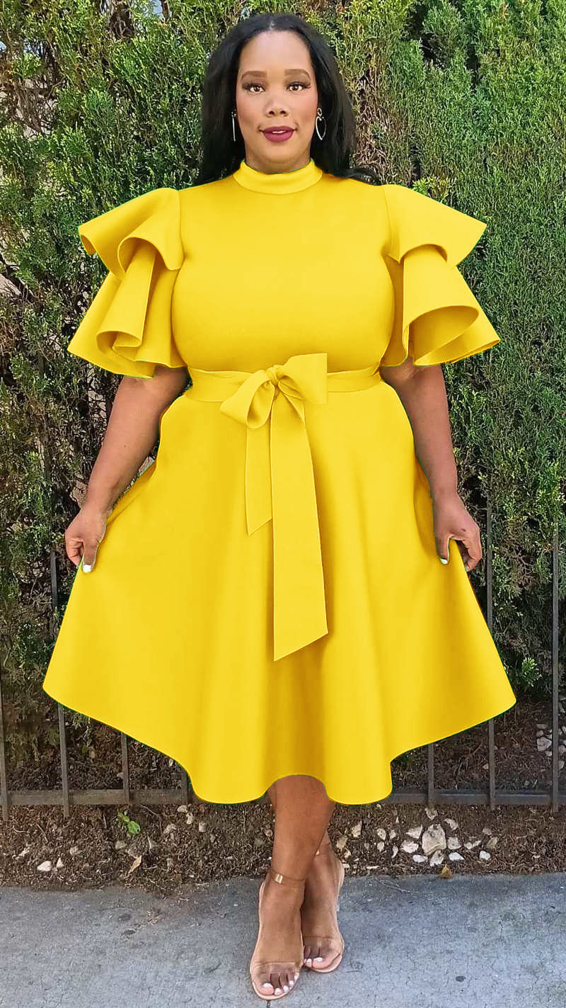 Plus Size Extravagant Fit and Flare Midi Dress With Belt