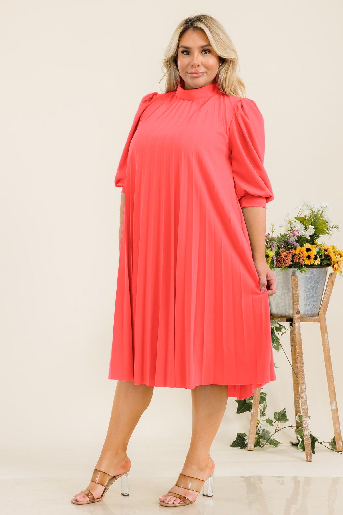 Plus Size Bishop Sleeves Pleated Knee Dress with Bow Tie Back