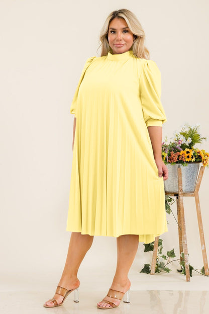 Plus Size Bishop Sleeves Pleated Knee Dress with Bow Tie Back