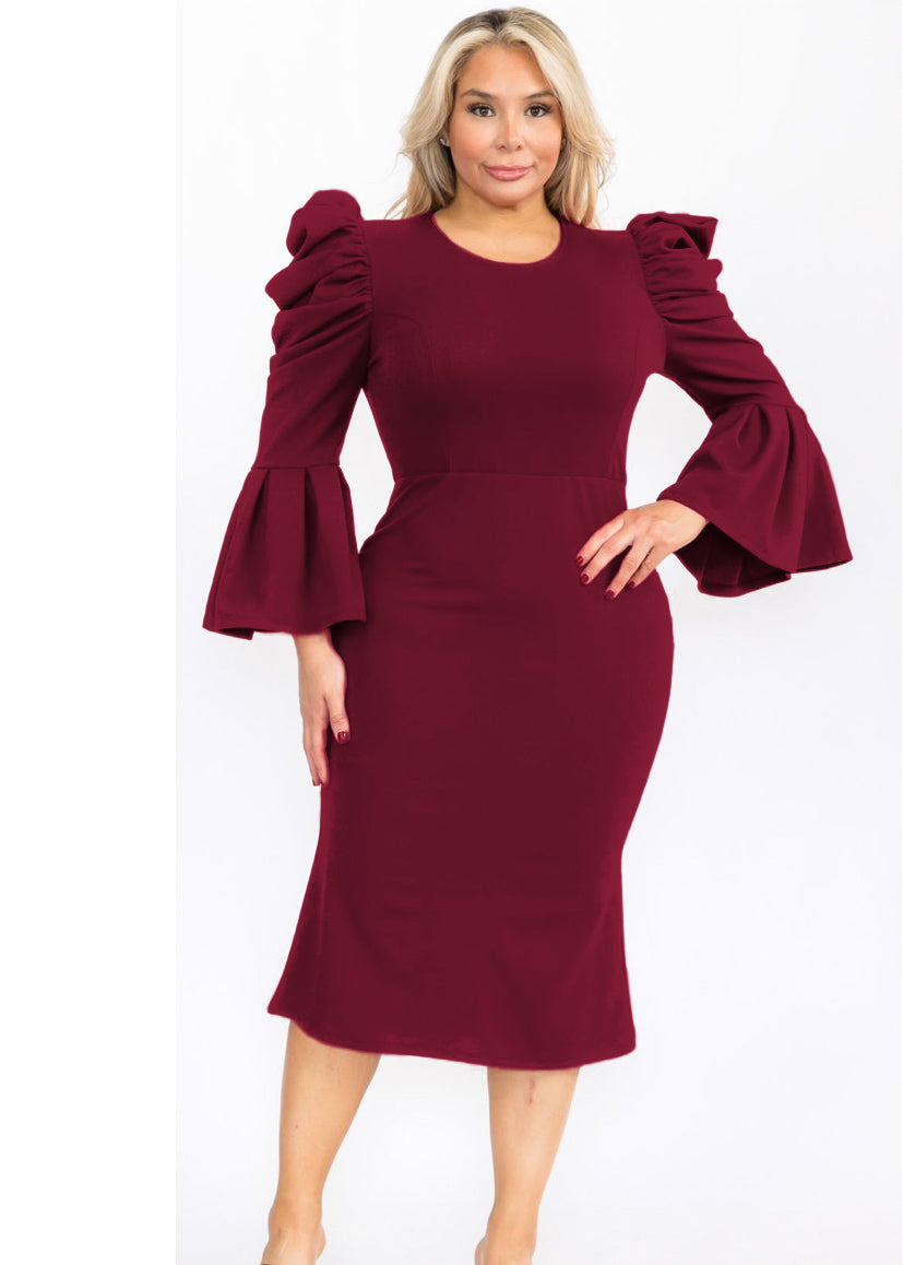 Plus Size Puffy Long Bell Sleeves Fit and Relax Midi Dress Plus Size Puffy Long Bell Sleeves Fit and Relax Midi Dress