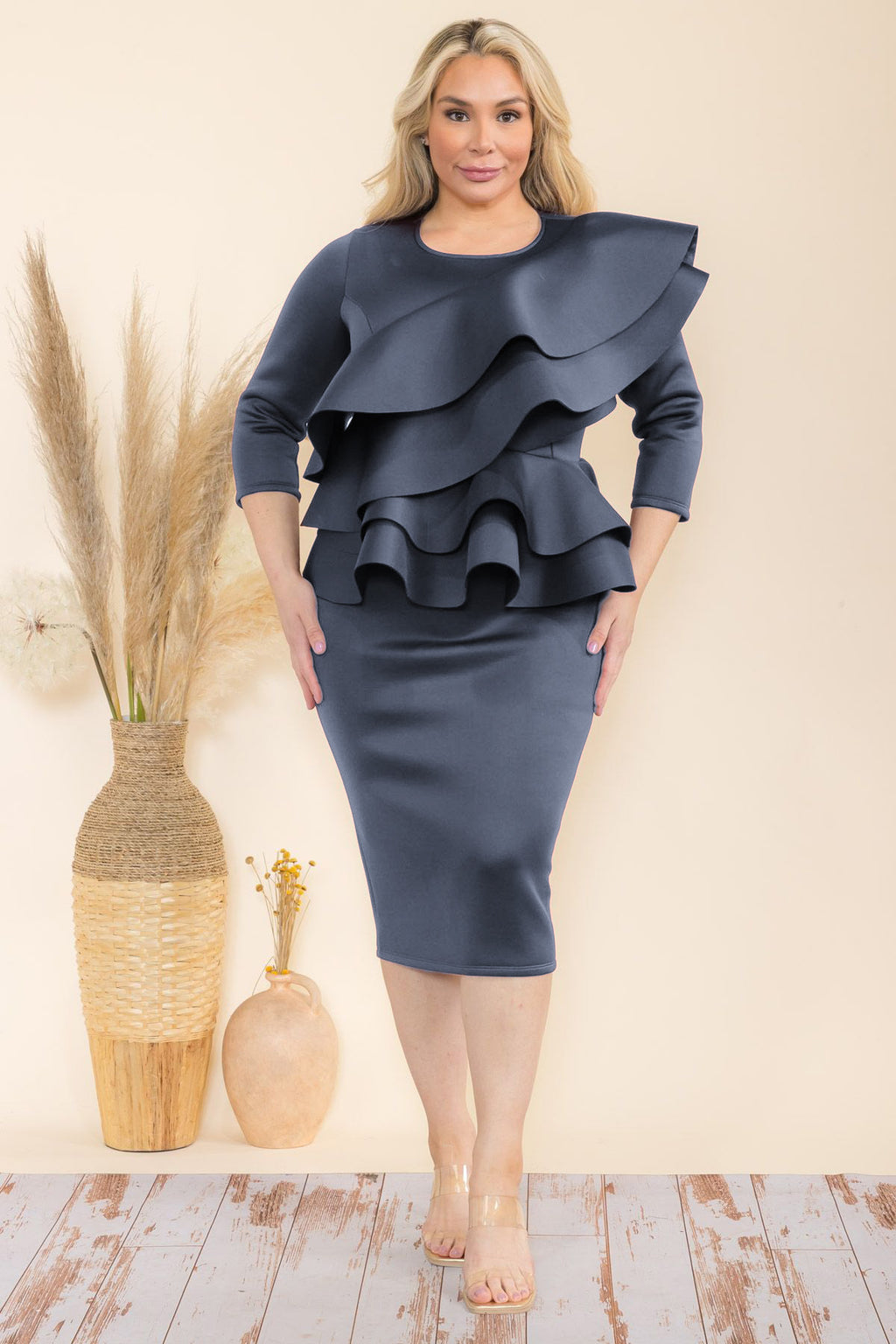 Plus Size Double Layer Detail Front and Double Ruffle Hem Peplum Midi