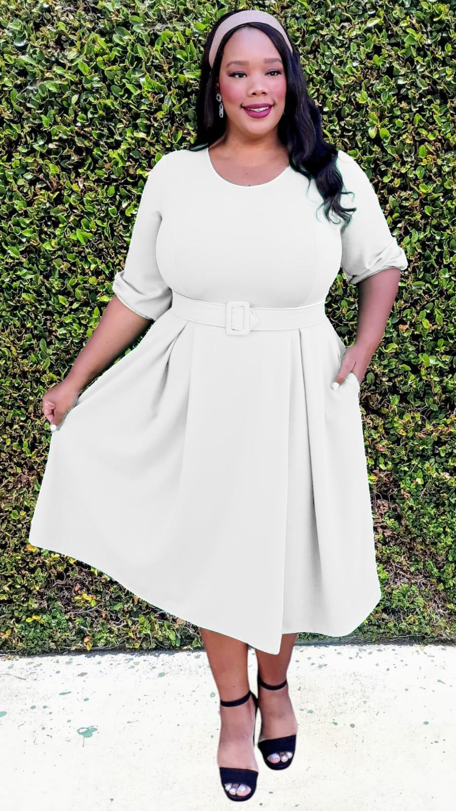 Plus Size 3/4 Bishop Sleeves Flare Midi Dress with Belt Zipper Back Plus Size 3/4 Bishop Sleeves Flare Midi Dress with Belt Zipper Back