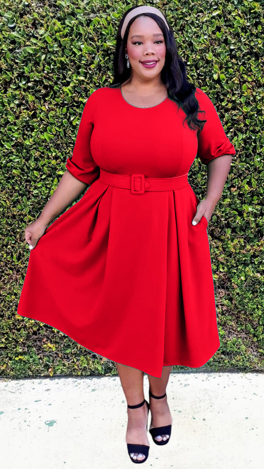 Plus Size 3/4 Bishop Sleeves Flare Midi Dress with Belt Zipper Back Plus Size 3/4 Bishop Sleeves Flare Midi Dress with Belt Zipper Back
