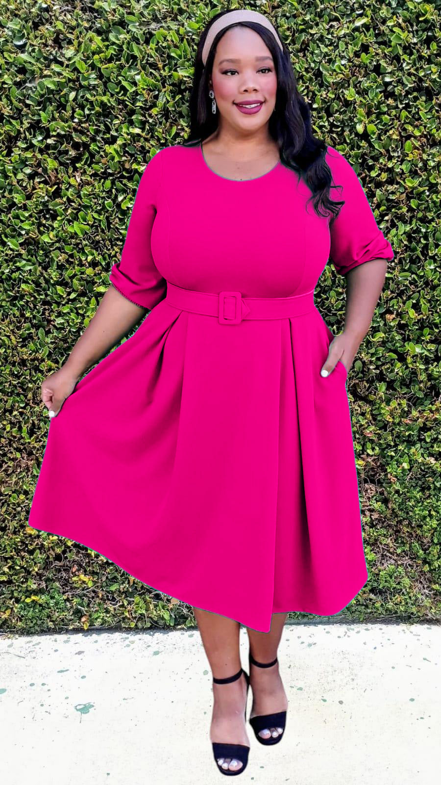 Plus Size 3/4 Bishop Sleeves Flare Midi Dress with Belt Zipper Back