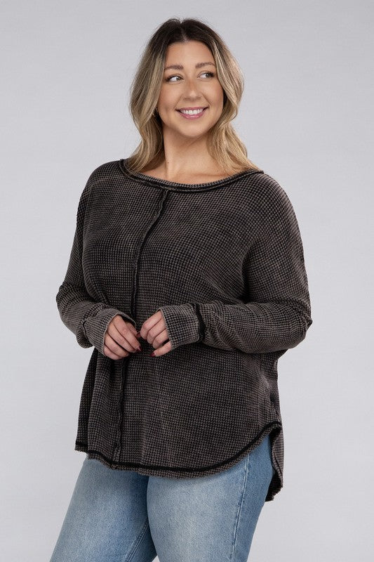 Plus Size Washed Baby Waffle Oversized Long Sleeve Top