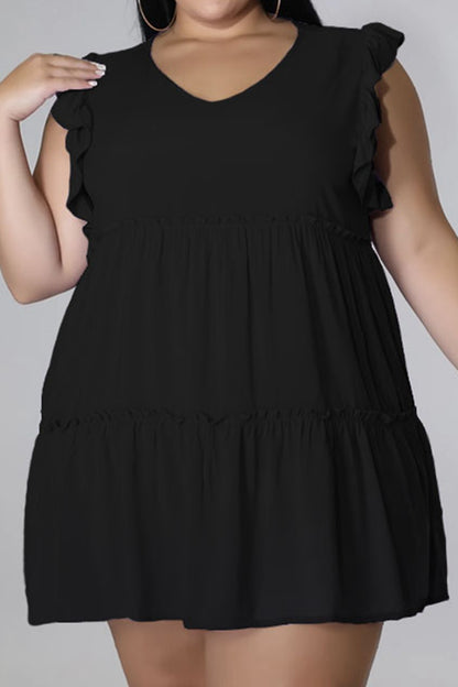 HI Curvy Plus Size Women V-Neck Frill Trim Mini Dress