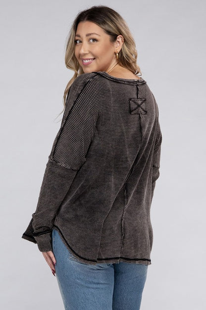 Plus Size Washed Baby Waffle Oversized Long Sleeve Top