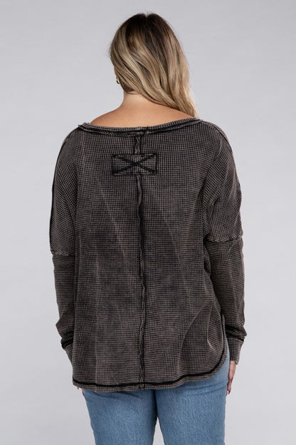 Plus Size Washed Baby Waffle Oversized Long Sleeve Top