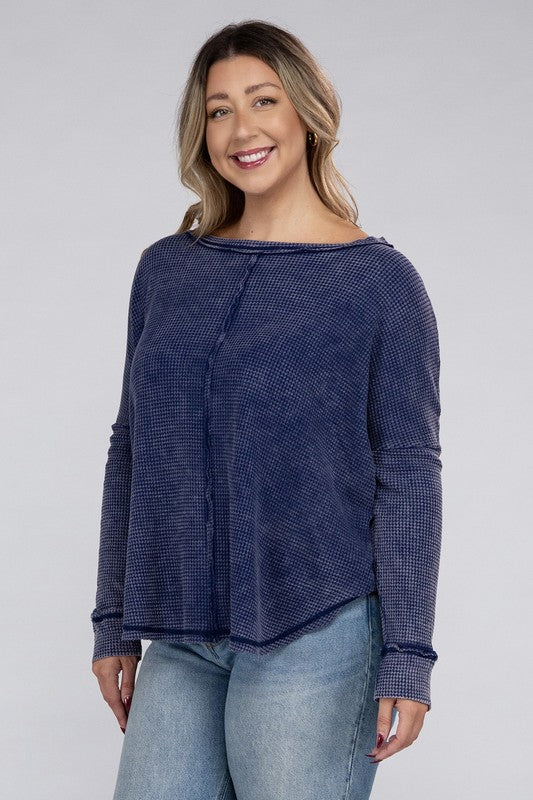 Plus Size Washed Baby Waffle Oversized Long Sleeve Top