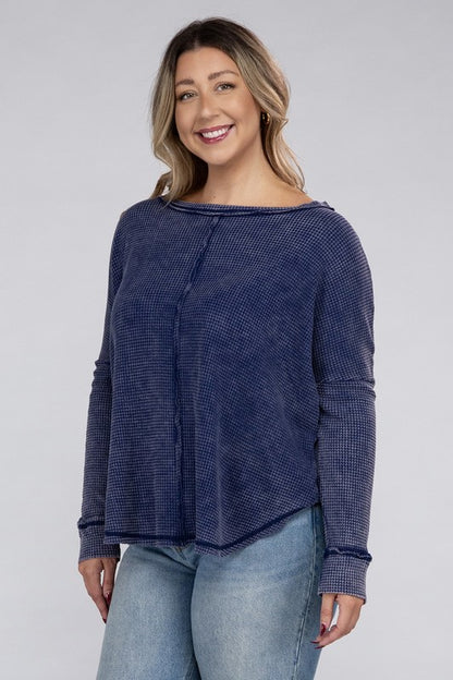 Plus Size Washed Baby Waffle Oversized Long Sleeve Top