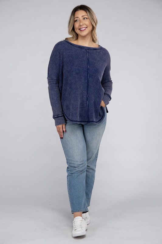 Plus Size Washed Baby Waffle Oversized Long Sleeve Top
