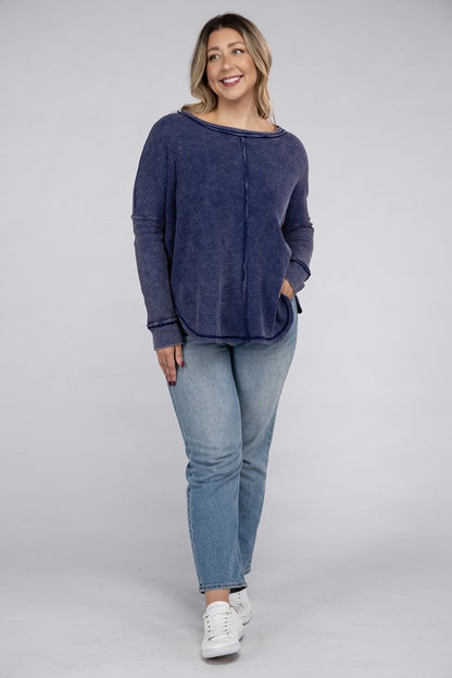 Plus Size Washed Baby Waffle Oversized Long Sleeve Top
