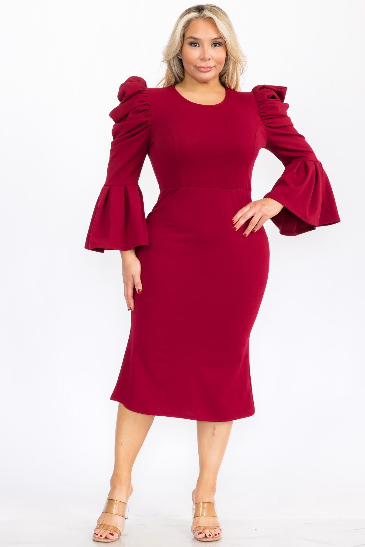 Plus Size Puffy Long Bell Sleeves Fit and Relax Midi Dress Plus Size Puffy Long Bell Sleeves Fit and Relax Midi Dress