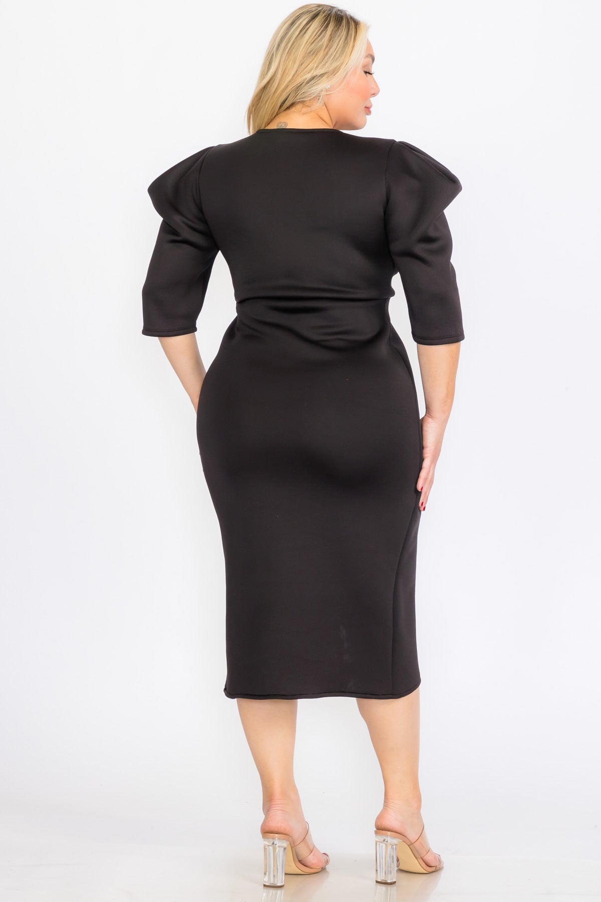 Plus Size Puffy Cap 3/Sleeves Wrap Peplum Midi Dresses with Bow Waist